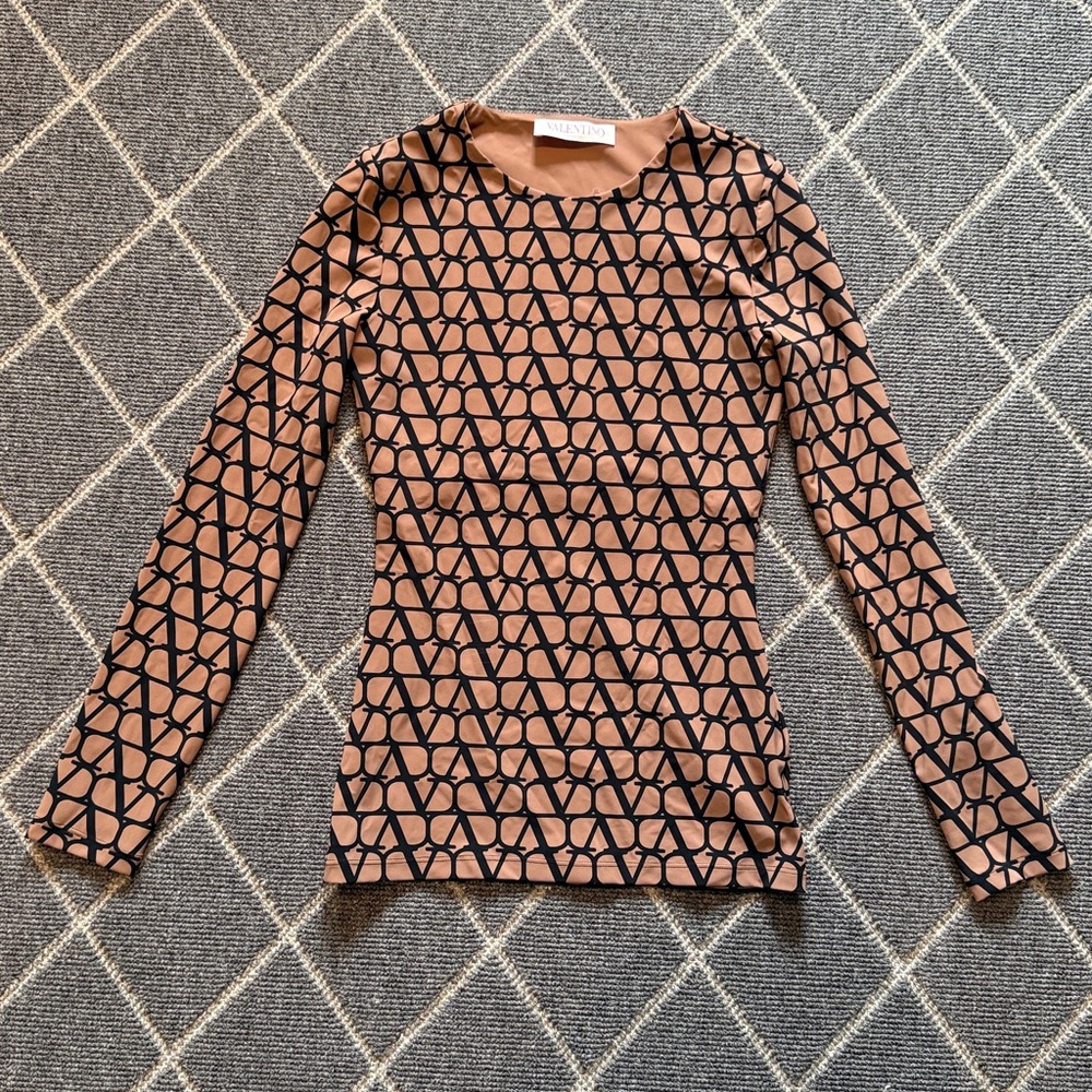 Valentino Black and Tan Patterned Long Sleeve Top